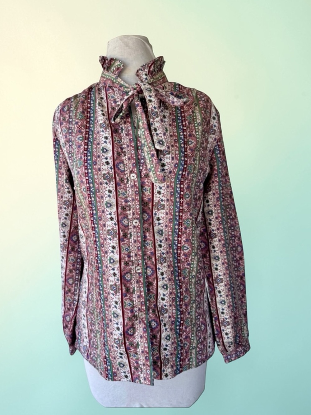 Vtg 80s Ship N Shore Pink Multi Floral Ruffle Tie Neck Blouse Sz 10 Cottage Med